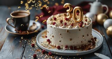 White Birthday Cake With Gold Number 30 on Wooden Table With Confetti photo