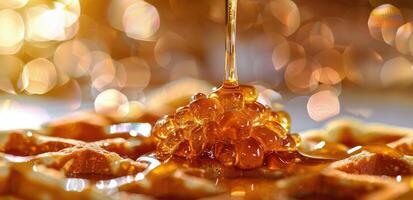 Golden Syrup Drizzling on Waffles With Bokeh Background photo
