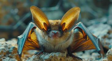 Brown Bat With Large Ears Perched On Rocks photo
