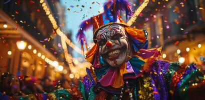 Costumed Jester Smiles Amidst Confetti During Festive Nighttime Parade photo