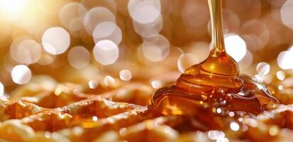 Golden Syrup Drizzling on Waffles With Bokeh Background photo