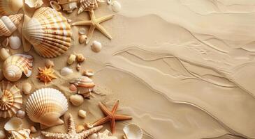 Seashells and Starfish Scattered on Sandy Beach photo