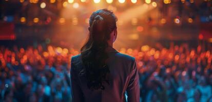 Woman Speaker Addresses Large Audience On Stage photo