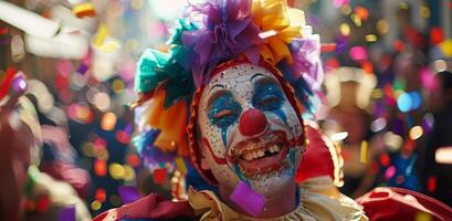 Costumed Jester Smiles Amidst Confetti During Festive Nighttime Parade photo