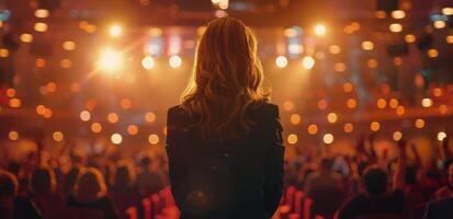 Woman Speaker Addresses Large Audience On Stage photo