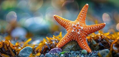 Orange Starfish on a Rocky Beach With Seaweed at Sunset photo