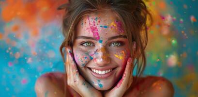 Young Woman Covered in Colorful Paint Smiles at a Festival photo