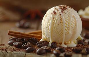 Creamy Vanilla Ice Cream With Chocolate Drizzle and Star Anise photo