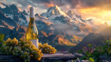 A Bottle of White Wine and Grapes Against the Majestic Swiss Alps at Sunset photo