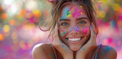 Young Woman Covered in Colorful Paint Smiles at a Festival photo