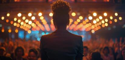 Woman Speaker Addresses Large Audience On Stage photo