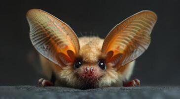 Brown Bat With Large Ears Perched On Rocks photo