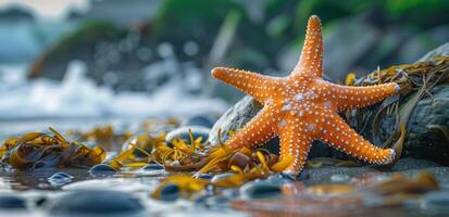 Orange Starfish on a Rocky Beach With Seaweed at Sunset photo
