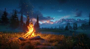 Campfire Under a Starry Night in the Mountains photo