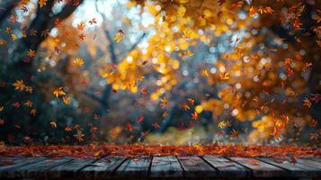 Wooden Table Covered With Leaves photo