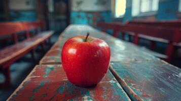 Red Apple on Wooden Table photo