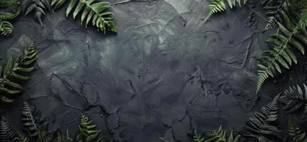 Black Stone Wall With Green Leaves photo