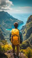 Man Standing on Mountain Looking at Ocean photo