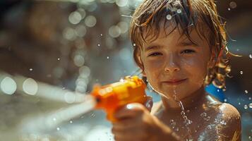 Little Boy Holding Toy Gun in Rain photo