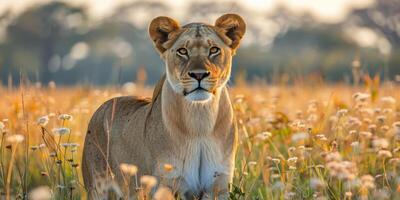 Lion Walking Through Tall Grass photo