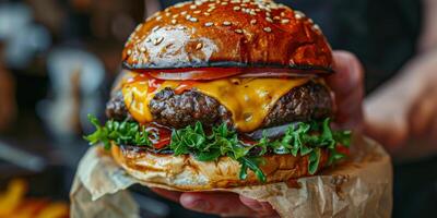 Classic Hamburger With Cheese and Lettuce in Paper Wrapper photo