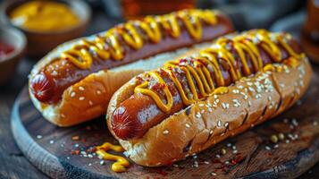Hot Dog With Mustard and Ketchup on Wooden Board photo