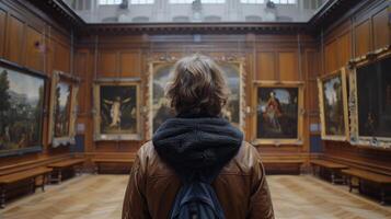 Man Observing Paintings in Museum photo
