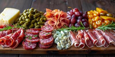 Assorted Meats and Cheeses on Cutting Board photo