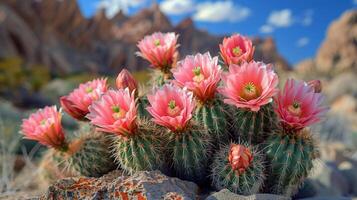 Group of Pink Flowers on Rock photo