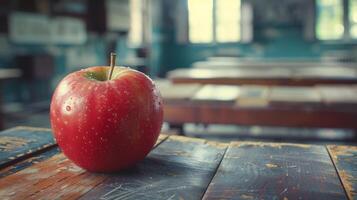Red Apple on Wooden Table photo