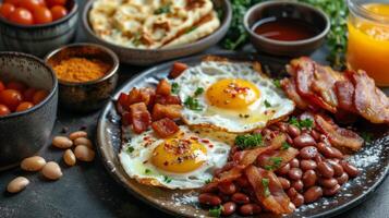 Plate of Eggs, Bacon, Beans, and Tomatoes photo
