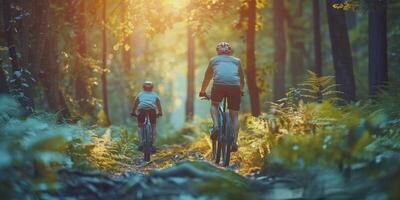 Two People Biking on Forest Trail photo