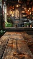 Close Up of Wooden Table in Restaurant photo