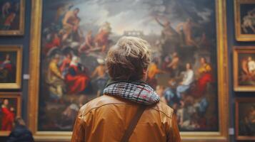 Man Observing Paintings in Museum photo