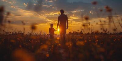 Man and Child Walking in Field at Sunset photo