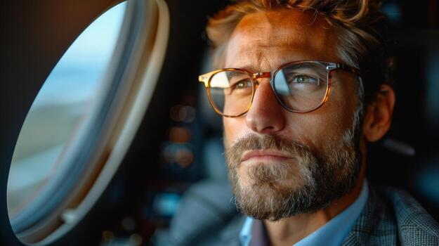 Man Looking Out Airplane Window photo