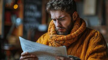 Young Man Reading Paper at Table photo