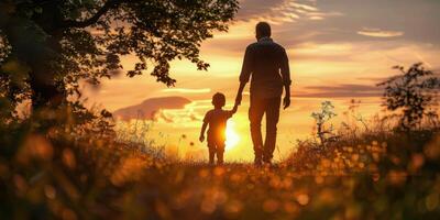 Man and Child Walking in Field at Sunset photo