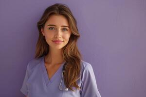 Female Nurse in Scrubs Standing in Front of Purple Wall photo