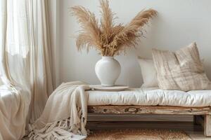 White Vase on Wooden Bench photo