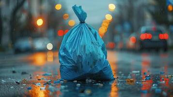 Blue Bag on Wet Street photo