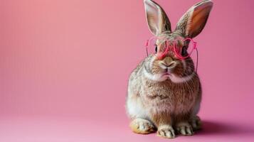 Rabbit Wearing Pink Glasses on Pink Background photo
