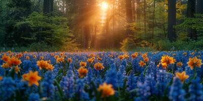 Vibrant Field of Blue and Orange Flowers photo
