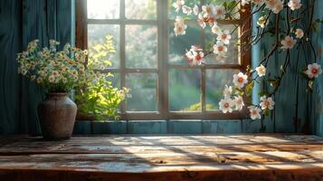 Painting of Flowers on Wooden Table photo