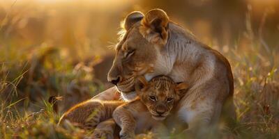 Two Lions Resting on Grass Field photo