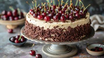 Chocolate Frosted Cake With Cherries photo