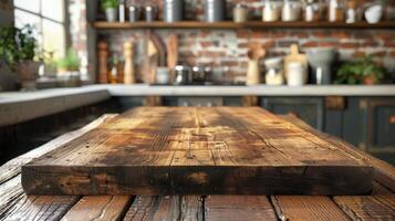 Wooden Table in Front of Shelf With Potted Plants photo
