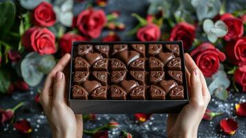 Tray of Chocolates and Roses on Table photo