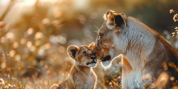 dos leones sentado en césped campo foto