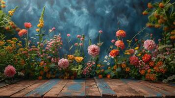 Painting of Flowers on Wooden Table photo